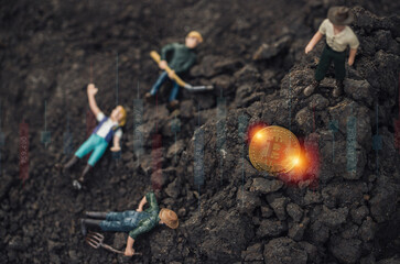 Macro miner figurines digging ground to uncover big shiny bitcoin on mountain. Cryptocurrency near mountain. Digital investment and discovery ideas with stock graphic. Expensive currency nowadays. 
