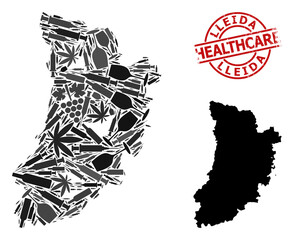 Vector narcotic collage map of Lleida Province. Scratched health care round red watermark. Concept for narcotic addiction and health care applications.