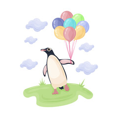 Cute children s illustration with the image of a cute penguin walking on green grass and holding colorful balloons, surrounded by blue clouds. Penguin children s printed illustration. Vector