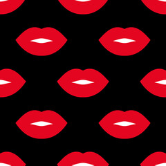 Fototapeta na wymiar Brightf emale lips. Seamless vector pattern with red lips on the black background. Fashion trendy backdrop. For modern original designs, prints, textiles, fabrics, wallpapers, designs of banners, etc.