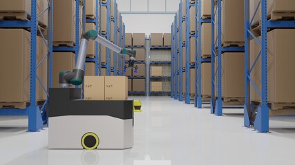 An AGV (Automated guided vehicle) with industrial robot is carrying cartons in smart warehouse. 3D illustration