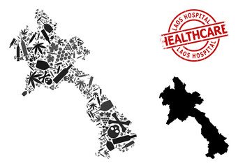 Vector narcotic composition map of Laos. Scratched healthcare round red rubber imitation. Concept for narcotic addiction and healthcare collages. Map of Laos is created with inoculation needles,