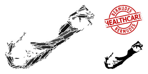 Vector addiction collage map of Bermuda Islands. Scratched healthcare round red seal stamp. Template for narcotic addiction and medicine doctrines.