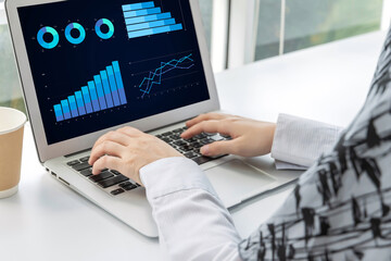 business people hand working on laptop computer on desk at home office, work from home, searching web, social network, online, business strategy, finance, investment and digital technology concept