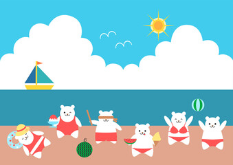 夏の海辺で遊ぶシロクマたちのイラスト