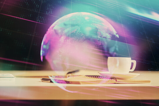 Double exposure of technology theme drawing and desktop with coffee and items on table background. Concept of high tech. - Powered by Adobe