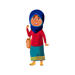 happy arab girl child with bag go to elementary school cartoon vector. happy arab girl child with bag go to elementary school character. isolated flat cartoon illustration