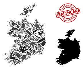 Vector addiction composition map of Ireland Republic. Scratched healthcare round red imprint. Concept for narcotic addiction and medicine applications.