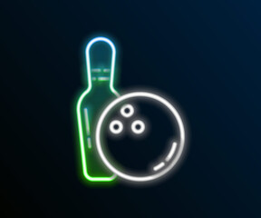 Glowing neon line Bowling pin and ball icon isolated on black background. Sport equipment. Colorful outline concept. Vector