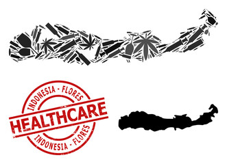 Vector narcotic collage map of Indonesia - Flores Island. Rubber healthcare round red rubber imitation. Template for narcotic addiction and healthcare doctrines.
