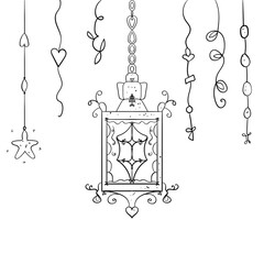 Traditional Oriental lamp or lantern contour. Vector doodle illustration.