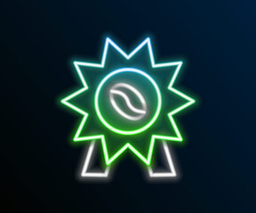 Glowing neon line Medal for coffee icon isolated on black background. Premium quality coffee badge. Colorful outline concept. Vector