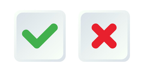 Check mark and cross button. Green tick and red cross. User interface element for mobile app. Vector