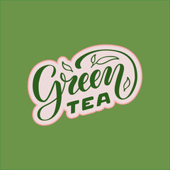 Vector illustration of green tea brush lettering for package, banner, flyer, poster, bistro, café, shop signage, advertisement design. Handwritten text for template, sign, billboard, print 
