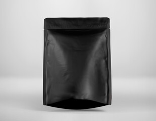 Black Stand up foil bag mockup template, Dark blank food coffee doypack, 3d Rendering isolated on light background