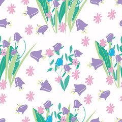 Seamless pattern with bluebells and daisies flowers.