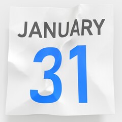 January 31 date on crumpled paper page of a calendar, 3d rendering