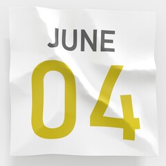 June 4 date on crumpled paper page of a calendar, 3d rendering