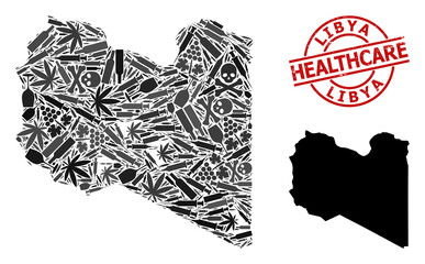 Vector narcotic mosaic map of Libya. Rubber health care round red stamp. Concept for narcotic addiction and health care purposes. Map of Libya is organized with inoculation needles, poison, medicine,