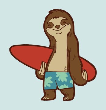 Sloth surfer cute summer sports animal character isolated vector illustration.