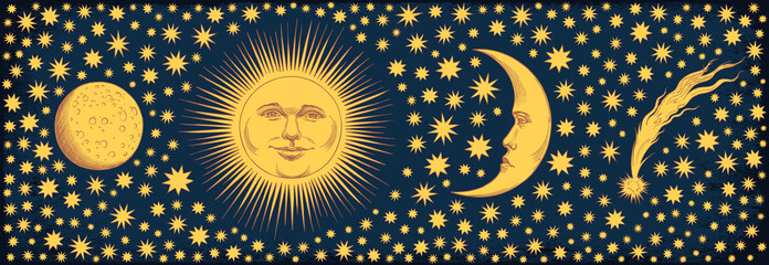Sun, Moon, Stars, Meteor in the night sky. Design set. Editable hand drawn illustration. Vector vintage engraving. Isolated on dark background. 8 EPS - 438857792