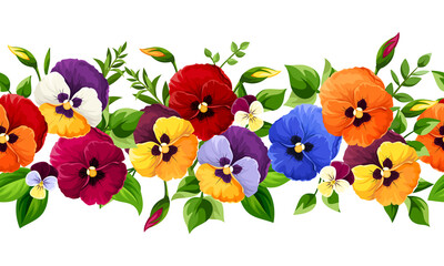 Vector horizontal seamless border with red, orange, yellow, blue and purple pansy flowers.