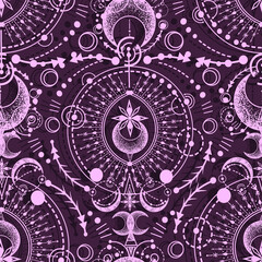 Vector illustration, magical astrology,  Alchemy, spirituality and occultism, Handmade, print on t-shirt, tattoo, seamless pattern, purple background