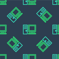 Line Computer monitor icon isolated seamless pattern on blue background. PC component sign. Vector