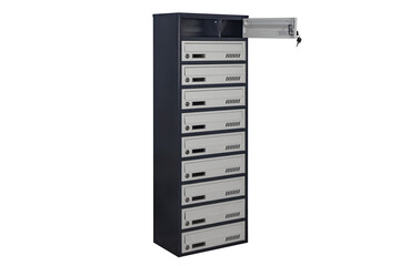 Mailboxes in the condo. metal mailbox with lockable center in condo. Mailbox on the white background isolated