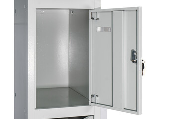 Fragment of the door of metal lockers for locker room. Change room metal locker box on the white background isolated.