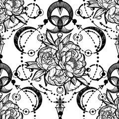 Vector illustration,  Alchemy, magical astrology, spirituality and occultism, Handmade, print on t-shirt, tattoo, light  background, seamless pattern