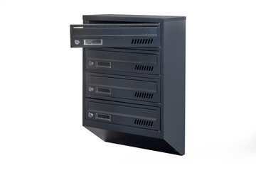 Mailboxes in the condo. metal mailbox with lockable center in condo. Mailbox on the white background isolated