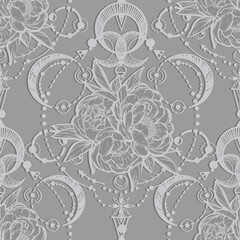 Vector illustration,  Alchemy, magical astrology, spirituality and occultism, Handmade, print on t-shirt, tattoo, grey background, seamless pattern