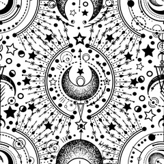Vector illustration,  Alchemy, magical astrology, spirituality and occultism, print on t-shirt, Handmade, light  background, seamless pattern
