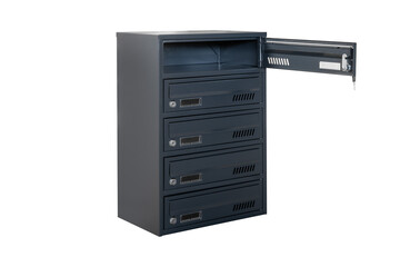 Mailboxes in the condo. metal mailbox with lockable center in condo. Mailbox on the white background isolated