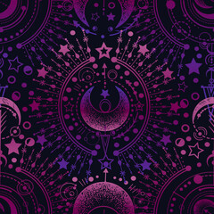 Vector illustration,  Alchemy, magical astrology, spirituality and occultism, print on t-shirt, Handmade, dark blue  background, seamless pattern