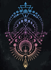 Vector illustration, Moon Phases, Alchemy, magical astrology, spirituality and occultism, Handmade, print on t-shirt, tattoo, chalkboard background