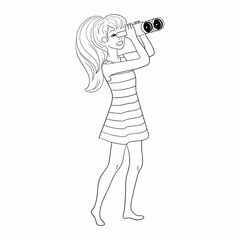 Girl looking into the distance through binoculars. Linear illustration on isolated white background.