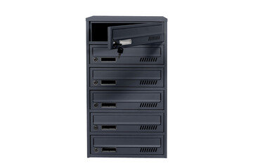 Mailboxes in the condo. metal mailbox with lockable center in condo. Mailbox on the white background isolated
