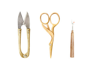 Thread stripper and scissors  - sewing supplement. Watercolor illustration..