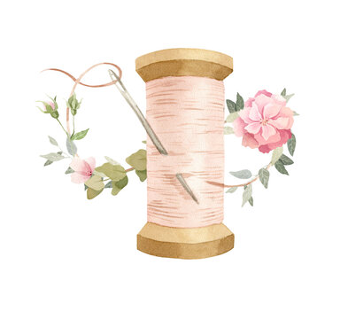Watercolor spool of thread with a needle decorated with flowers. Soft pastel colors.