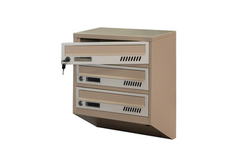 Mailboxes in the condo. metal mailbox with lockable center in condo. Mailbox on the white background isolated