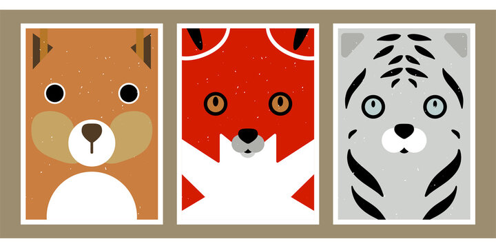 A set of three children's illustrations. Cute posters with wild animals. Minimalist backgrounds for interiors, bedrooms, nurseries. Cheerful squirrel, fox and tiger from different geometric shapes.