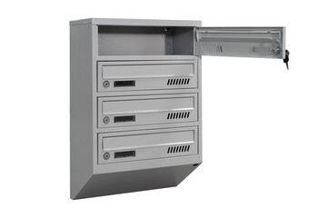 Mailboxes in the condo. metal mailbox with lockable center in condo. Mailbox on the white background isolated