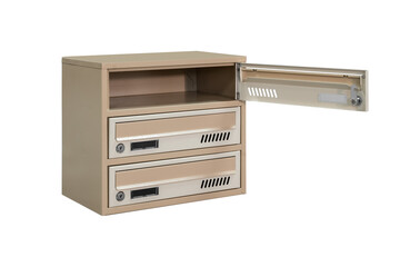 Mailboxes in the condo. metal mailbox with lockable center in condo. Mailbox on the white background isolated