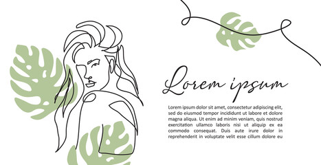 One line art woman with beautiful hair and monstera leaves. Simple, minimalist poster, banner, background with copy space © alstanova@gmail.com