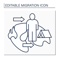 Refugee line icon. Forced country leaving to escape war, persecution, or natural disaster. Homelessness. Migration concept. Isolated vector illustration. Editable stroke