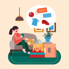 Girl Sit On Armchair At Home and Shopping Online From Smart Phone