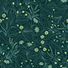 Seamless pattern with different wildflowers and leaves on an emerald background in vector