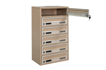 Mailboxes in the condo. metal mailbox with lockable center in condo. Mailbox on the white background isolated